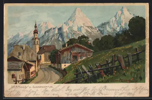 Künstler-AK Zeno Diemer: Lermoos, Teilansicht und Sonnenspitze