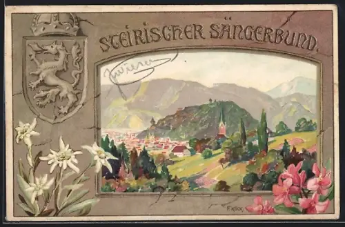 Künstler-AK Graz, Steirischer Sängerbund, Teilansicht, Wappen, Passepartout