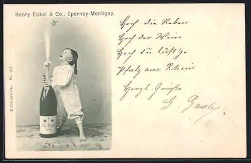 AK Epernay-Montigny, Henry Eckel & Co., Kind u. Sektflasche mit herausschiessendem Korken
