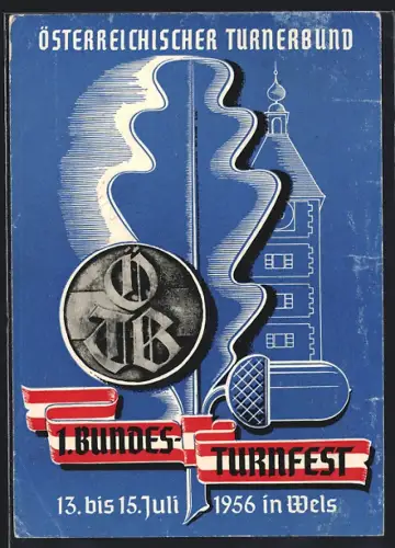 AK Wels, 1. Bundes-Turnfest 1956, Eichenblatt