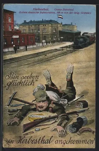 Künstler-AK Herbesthal, Grenz-Bahnhof, Bin soeben glücklich angekommen!, 1. Weltkrieg
