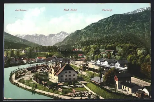 AK Bad Ischl, Teilansicht mit Bahnhof, Blick zum Dachstein