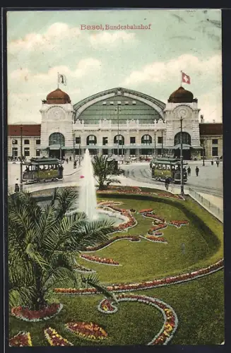 AK Basel, Bundesbahnhof, Strassenbahnen, Springbrunnen
