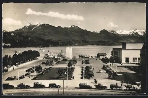 AK Luzern, Bahnhof, Bahnhofplatz mit Rigi