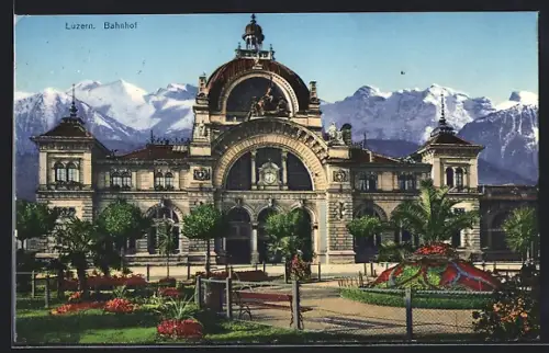 AK Luzern, Bahnhof mit Anlagen und Alpen