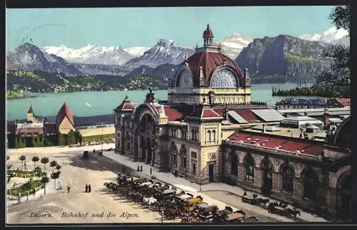 AK Luzern, Bahnhof, Pferdebahnen, Alpensicht