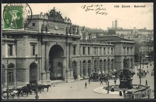 AK Zürich, Bahnhof mit Strassenbahn