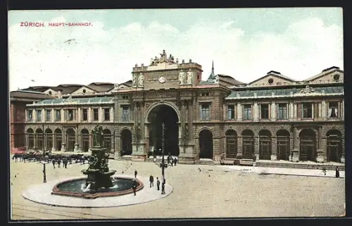 AK Zürich, Hauptbahnhof, Pferdekutschen, Brunnen
