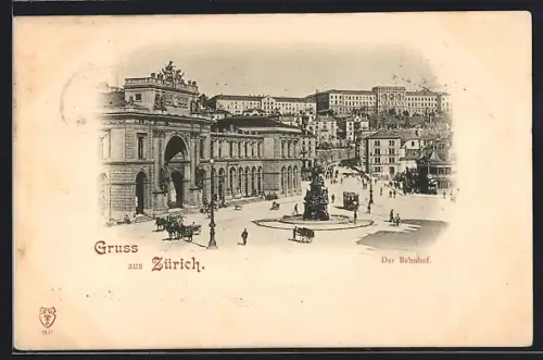 AK Zürich, Bahnhof mit Strassenbahn