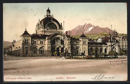 AK Luzern, Bahnhof mit Vorplatz