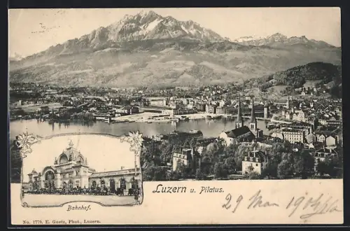 AK Luzern, Teilansicht mit Pilatus, Bahnhof