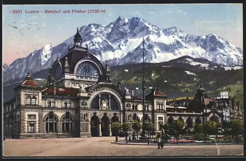 AK Luzern, Bahnhof und Pilatus