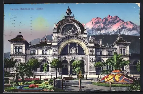 AK Luzern, Bahnhof mit Pilatus