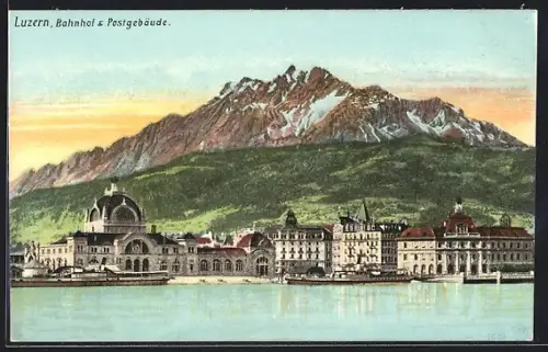 AK Luzern, Bahnhof und Postgebäude