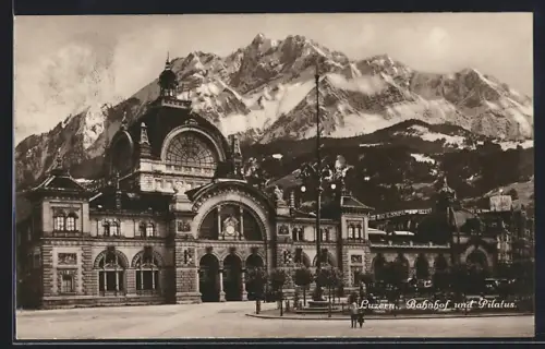 AK Luzern, Bahnhof und Pilatus