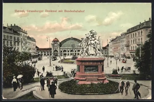 AK Basel, Strassburger Denkmal mit Bundesbahnhof
