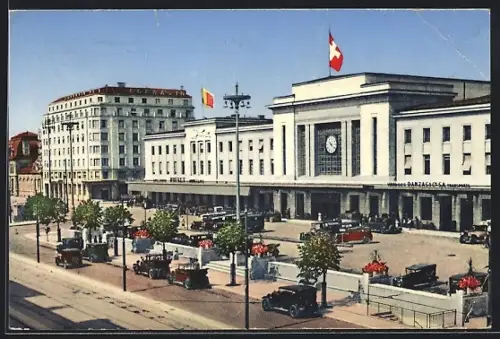 AK Genève, La Gare et l`Hotel Cornavin, Bahnhof