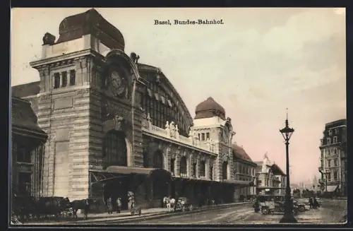 AK Basel, Bundes-Bahnhof mit Vorplatz
