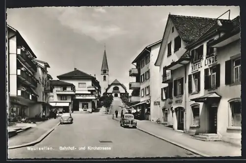AK Wallisellen, Bahnhof, Hotel Linde, Bahnhofstrasse, Kirchstrasse