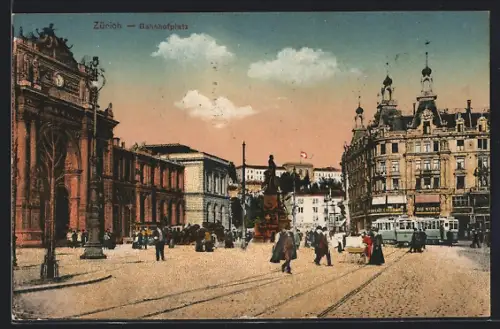 AK Zürich, Bahnhof, Bahnhofplatz, Strassenbahnen