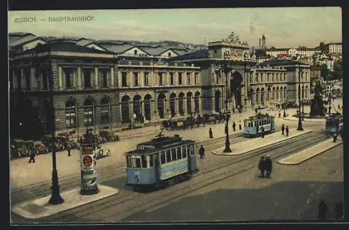 AK Zürich, Hauptbahnhof mit Strassenbahnen
