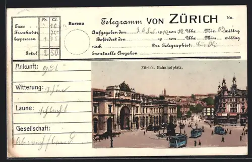 AK Zürich, Bahnhof, Bahnhofplatz mit Strassenbahnen
