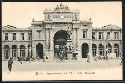AK Zürich, Hauptbahnhof m. Alfred Escher Denkmal
