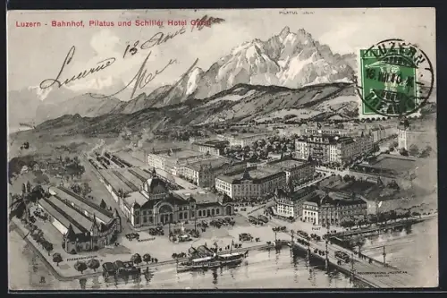 AK Luzern, Bahnhof, Pilatus und Schiller Hotel Garni