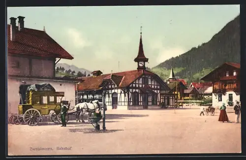 AK Zweisimmen, Bahnhof mit Postkutsche