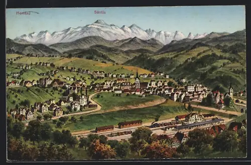AK Herisau, Ortsansicht mit Bahnhof und Säntis