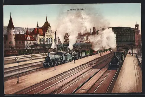 AK Zürich, Eisenbahnen fahren aus dem Bahnhof