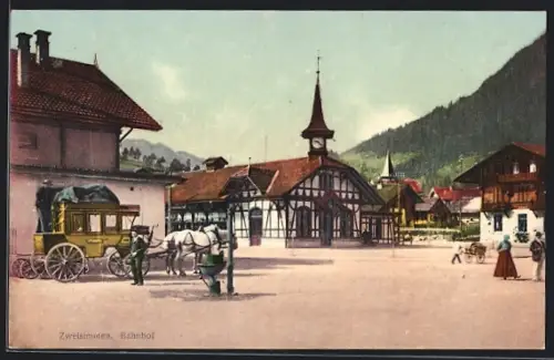 AK Zweisimmen, Bahnhof mit Postkutsche