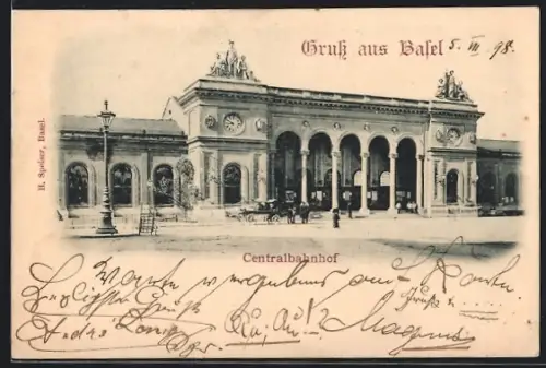AK Basel, Central-Bahnhof mit Vorplatz