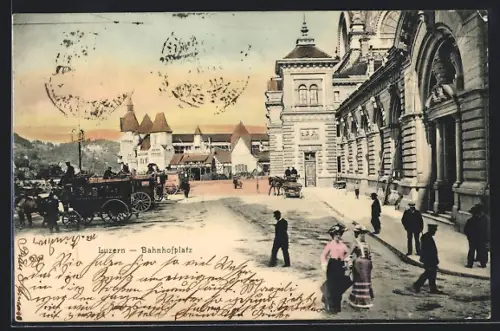 AK Luzern, Bahnhof mit Bahnhofplatz