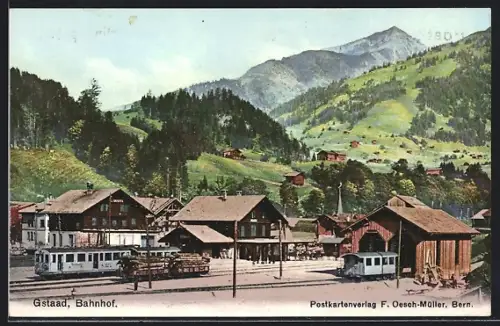 AK Gstaad, Blick zum Bahnhof, Eisenbahn