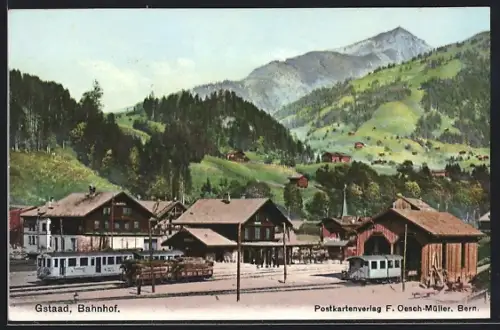 AK Gstaad, Blick zum Bahnhof, Eisenbahn