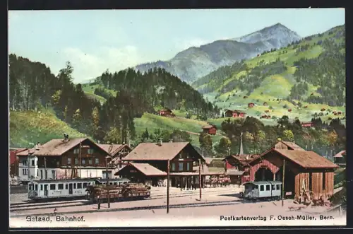 AK Gstaad, Blick zum Bahnhof, Eisenbahn
