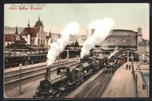 AK Zürich, Eisenbahnen am Bahnhof