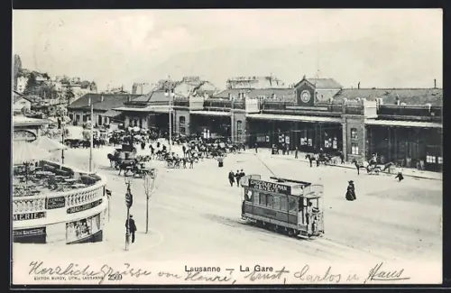 AK Lausanne, La Gare, Strassenbahn