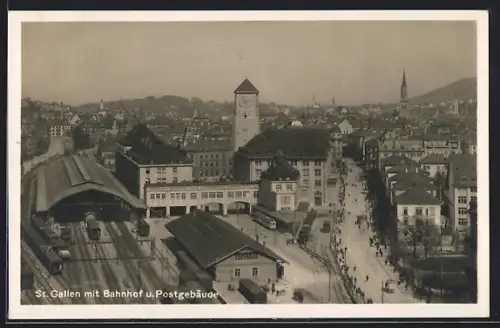 AK St. Gallen, Ortspartie mit Bahnhof aus der Vogelschau