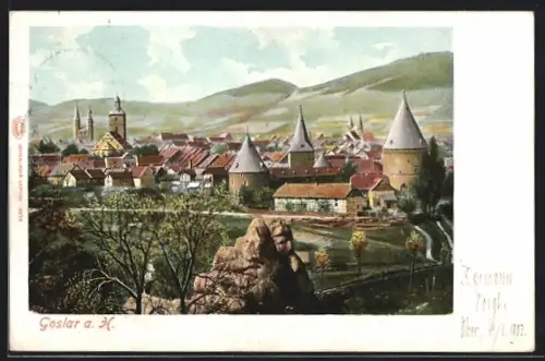 Lithographie Goslar am Harz, Stadtansicht mit Burg und Kirchen
