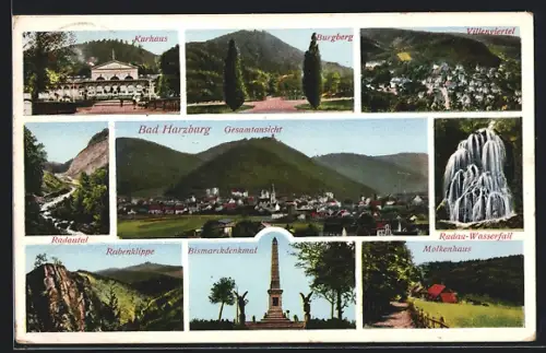 AK Bad Harzburg, Kurhaus, Burgberg, Villenviertel, Rabenklippe, Bismarckdenkmal und Radau-Wasserfall