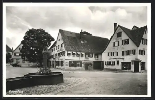 AK Rosenfeld / Württ., Strassenpartie mit Buchbinderei Fr. Gesell und Brunnen
