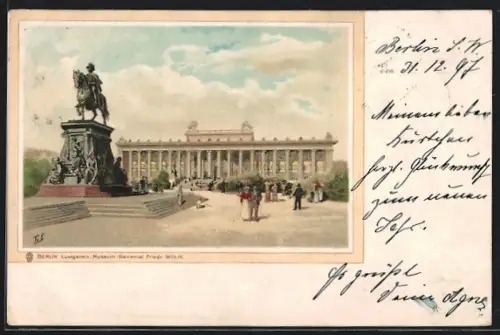 Lithographie Berlin, Lustgarten, Altes Museum, Denkmal von Friedrich Wilhelm III