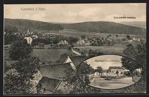 AK Catterfeld /Th., Gasthaus Schillershöhe, Gesamtansicht mit Inselsberg