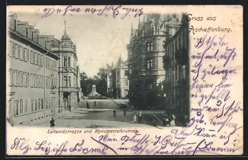 AK Aschaffenburg, Luitpoldstrasse und Monumentalbrunnen