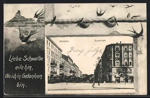 Lithographie Berlin-Spandau, Bismarkstrasse, Schwalben