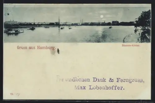 Mondschein-AK Hamburg, Binnen-Alster, Ferngruss-Stempel eines Philokartisten