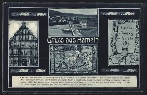 AK Hameln, Kinderauszug zu Hameln 1284, Rattenfängerhaus, Brücke