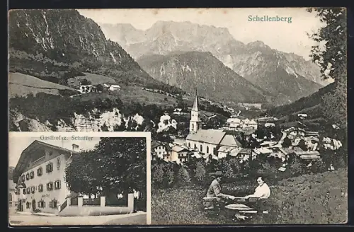 AK Schellenberg / Obb., Ortsansicht, Kirche, Gasthof zum Schaffer